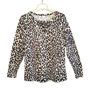 Sunshine & Rodeos Women Sz L Leopard Print Top Lace V-Neck Long Sleeves Soft